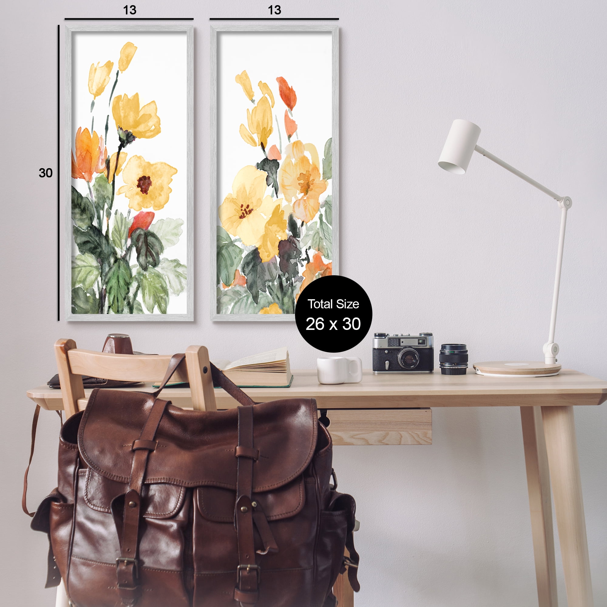 Stupell Industries Yellow Spring Flowers Botanical & Floral Painting Gray Framed Art Print Wall Art, 13 x 30, Set of 2