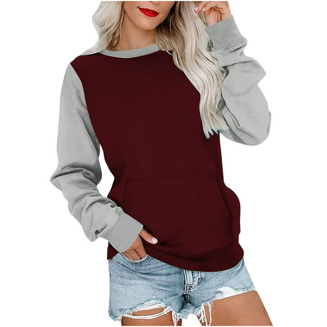 MeetoTime Chandail en Molleton pour Femmes Mode Automne Manches Longues Col Rond Ample avec Poche