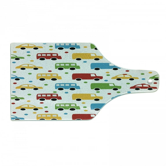 Cars Cutting Board, Vivid Colored Silhouettes of Transportation Vehicles Bus Taxi Automobile Pattern, Decorative Tempered Glass Cutting and Serving Board, Wine Bottle Shape, Multicolor, by Ambesonne
