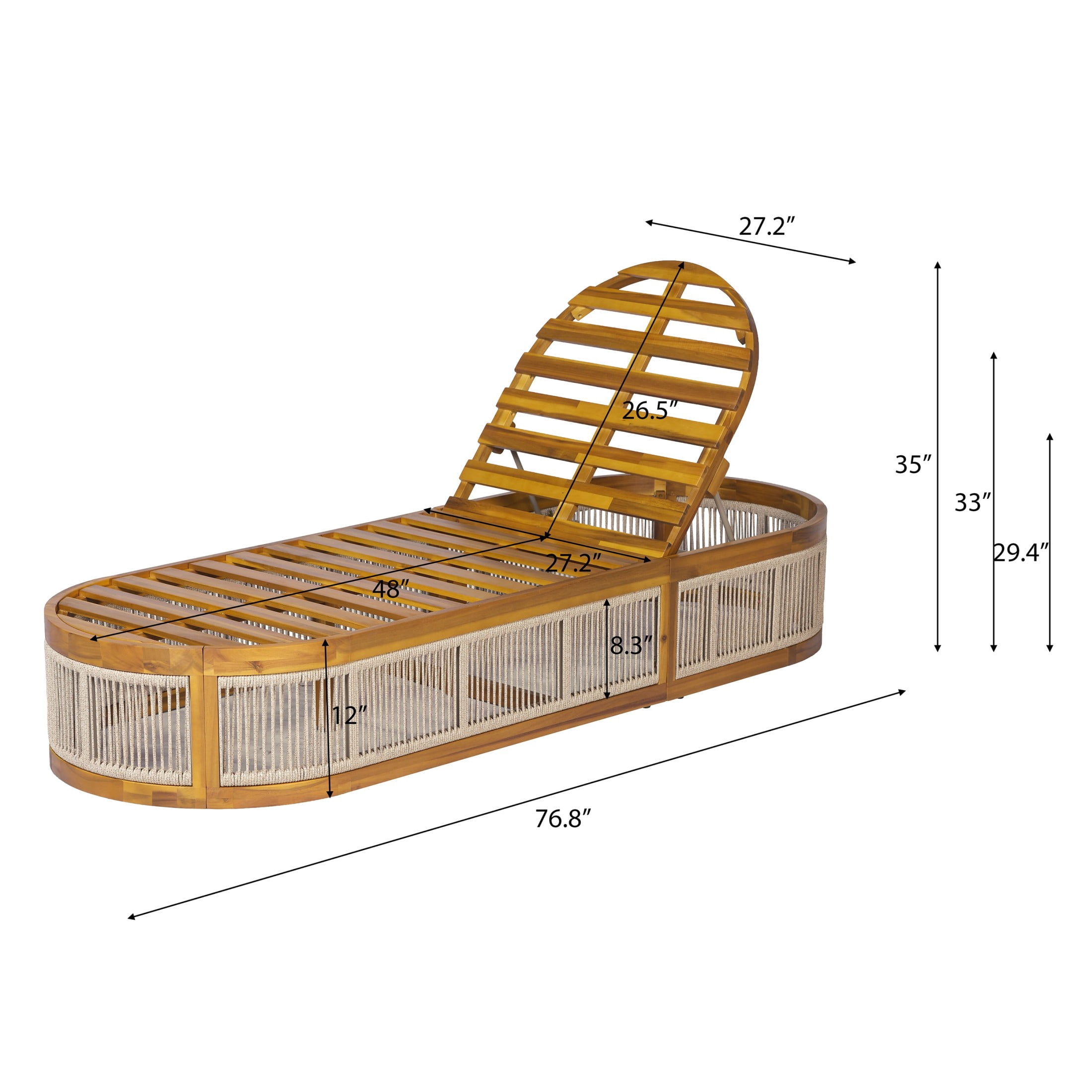 Christopher Knight Home Outdoor Chaise Lounge Frame with Rope Side Panels, Adjustable Backrest, Teak + Brown