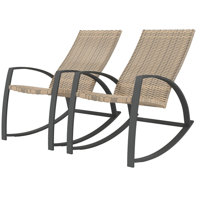 2-Piece Khaki Rattan Rocking Chair Set - Outdoor Patio Rockers with High Back & Armrests for Garden, Deck & Porch - Weather-Resistant Design (40.2" x 24" x 38.6")