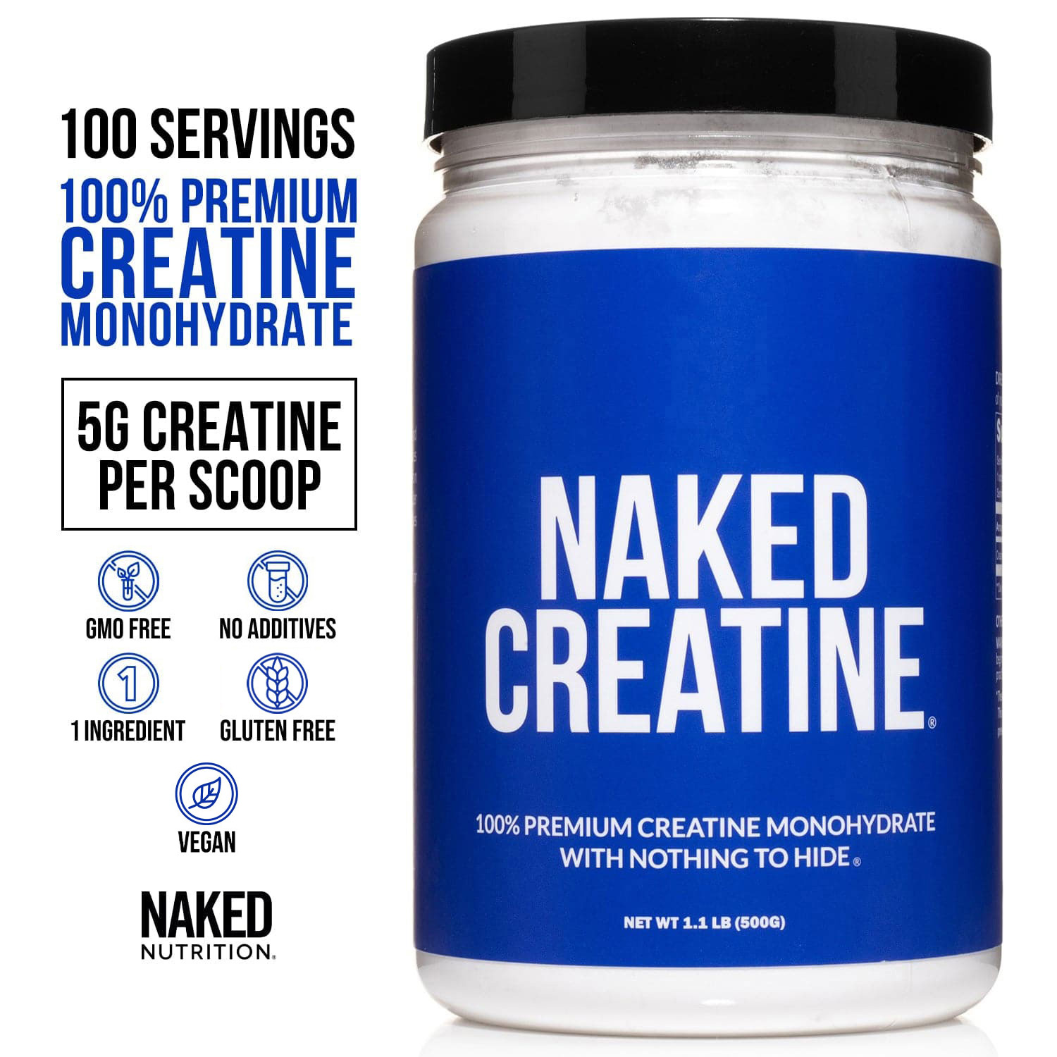 Naked Creatine Monohydrate, Unflavored Micronized Creatine Powder Supplement, 100 Servings