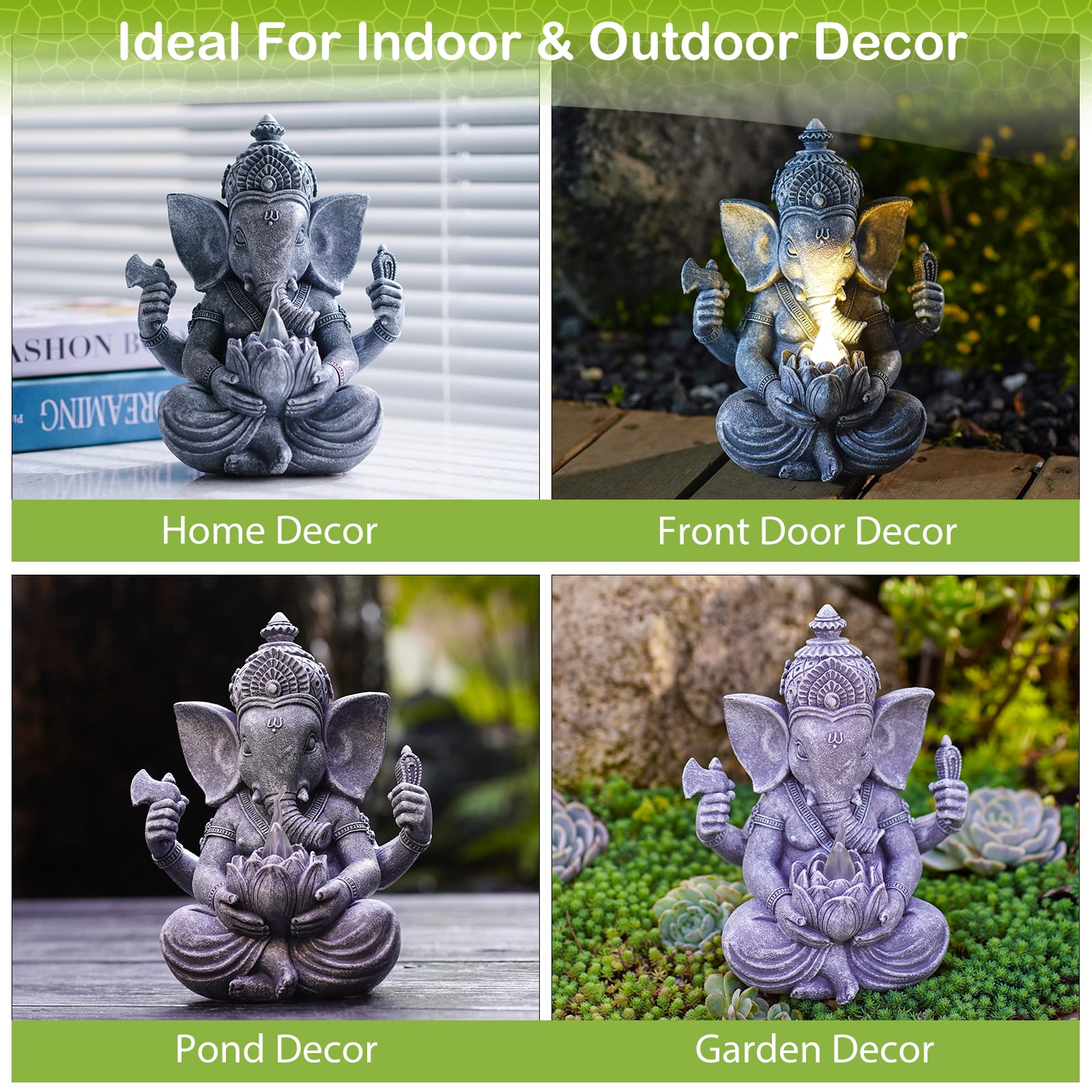 Solar Ganesha Elephant Garden Statues -Outdoor Sculptures with Lotus Lights Decor for Garden Yard Art
