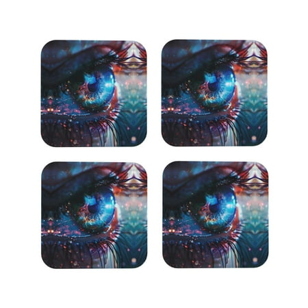 

Leather Coasters Set of 4 - Modern Colorful Eyes Lightweight Non-Slip Drink Coasters for Desk Anti-Scalding Desk Cup Coasters for Office Table Decor Square