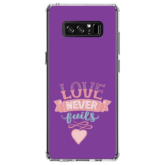 DistinctInk Clear Shockproof Hybrid Case for Samsung Galaxy Note 8 - TPU Bumper, Acrylic Back, Tempered Glass Screen Protector - 1 Corinthians 13 - Love Never Fails - Heart