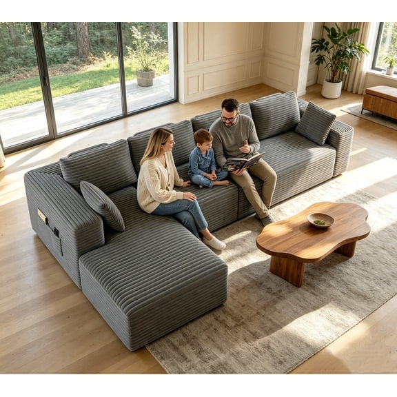 135"Boneless Sofa, Lofka Corduroy L Shaped Modular Sectional with Chaise, Oversized Boneless Cloud Couch, No Assembly Living Room Furniture,Gray