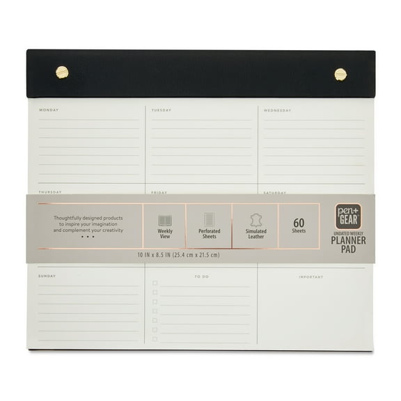 Pen+Gear Weekly Medium (8.5”x 10”) Rich Black Undated Simulated Leather 60 Sheets  Planner Pad