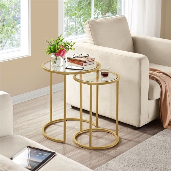 Yaheetech 23.5"H 2-Piece Round Metal Frame Nesting End Table with Glass Top for Living Room, Gold