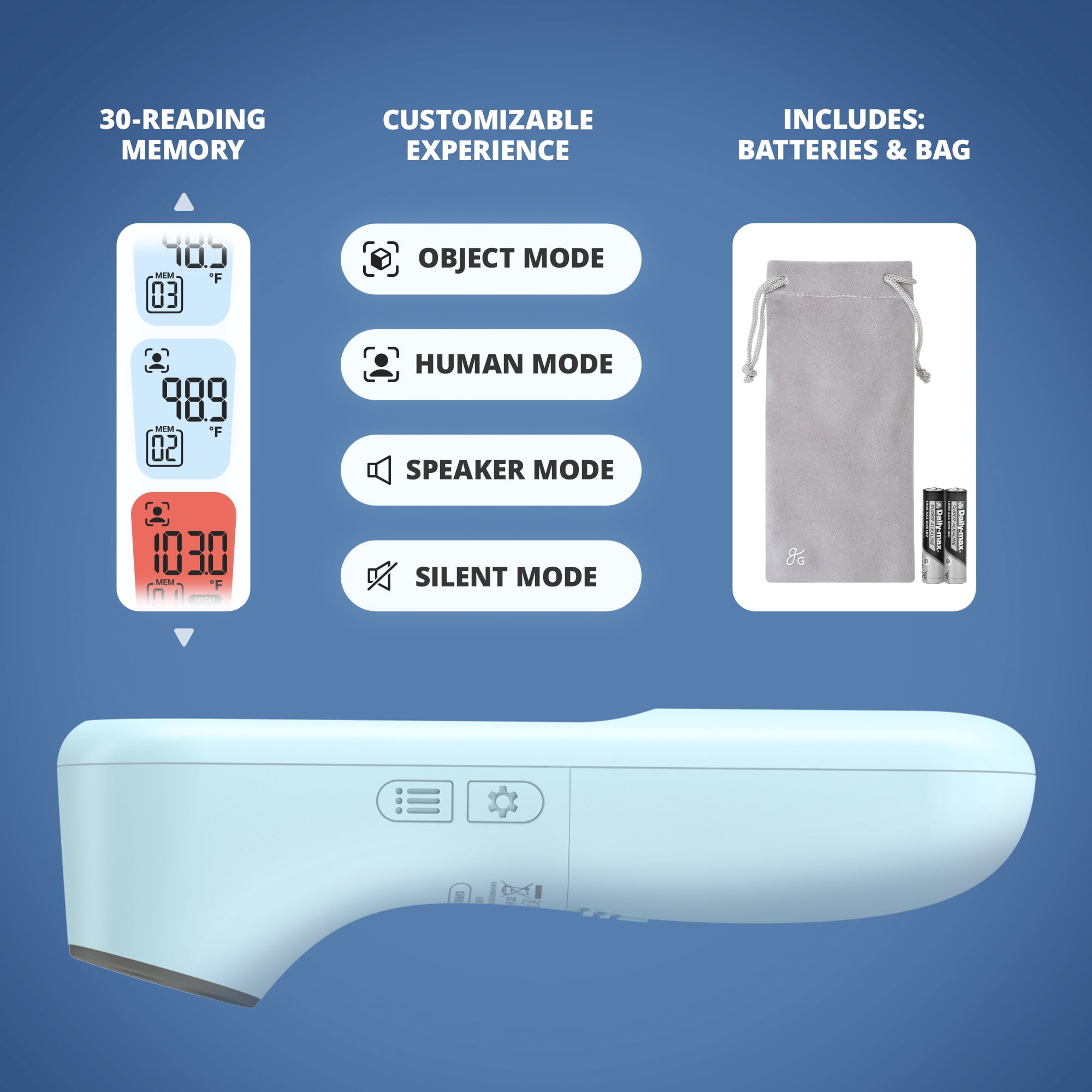 Greater Goods No-Touch Baby Thermometer for Infants, Newborns & Toddlers with Fever Alarm and Instant Accuracy Readings, Blue