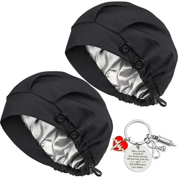 2 Pack Satin Lined Bouffant Scrub Cap Dust-proof Doctor Hats with 4 Buttons and Adjustable Sweatband Fashion Accessories