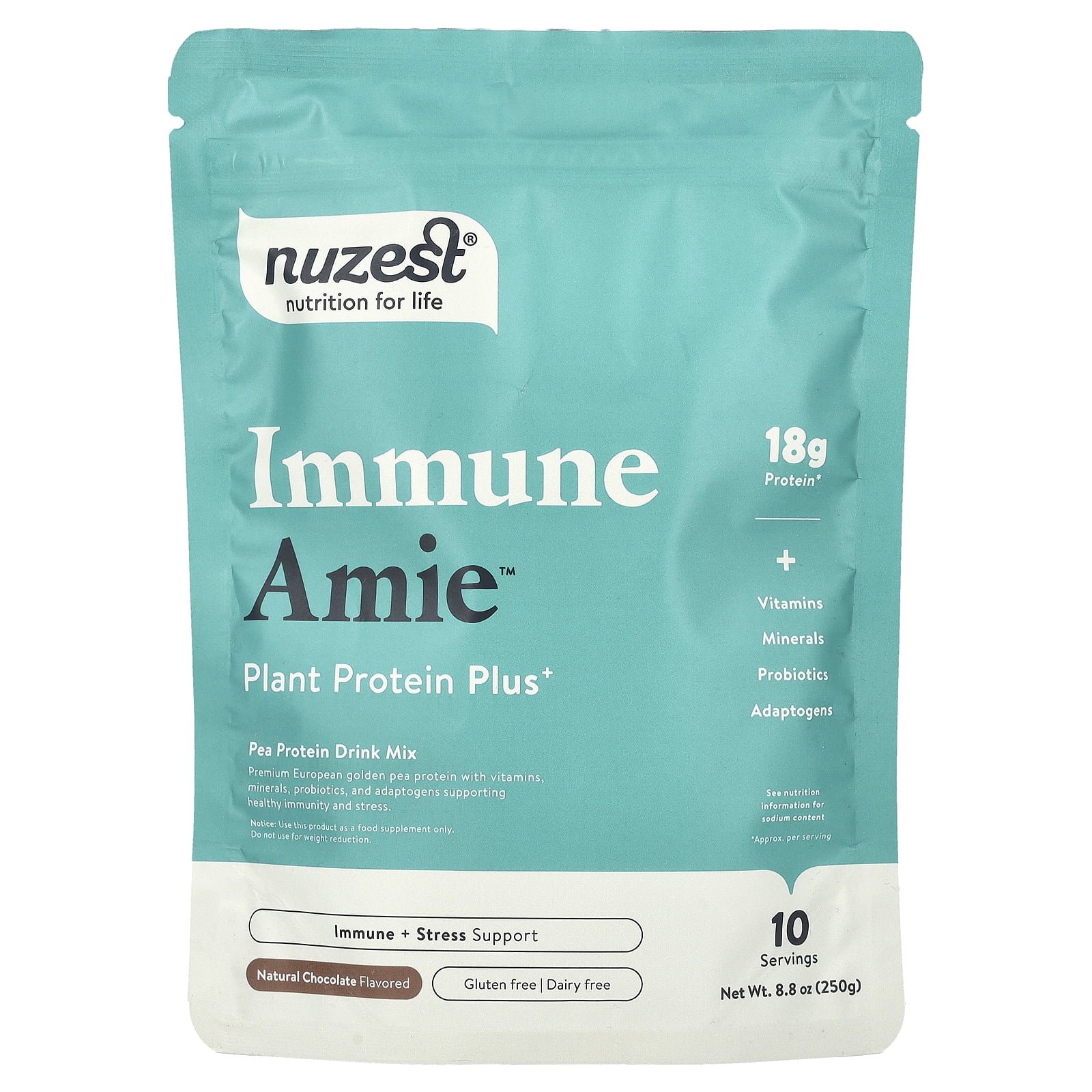 Nuzest Protein Plus, Immune Amie, Chocolate - Supports Healthy Immune System & Stress Support Benefits, Vitamins and Minerals Lion's Main, Maitake & Shitake Mushrooms, 8.8oz/ 250g (10 Servings)