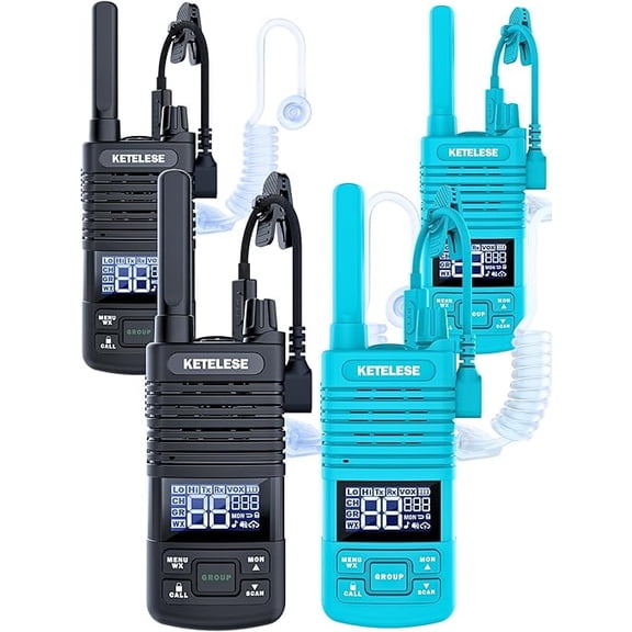 KETELESE T1 Walkie Talkies Long Range with Acoustic Tube Earpiece, Portable USB Type C FRS Two Way Radios, Rechargeable Walky Talky for Adults, NOAA, VOX for School Restaurant Church (4 Pack)
