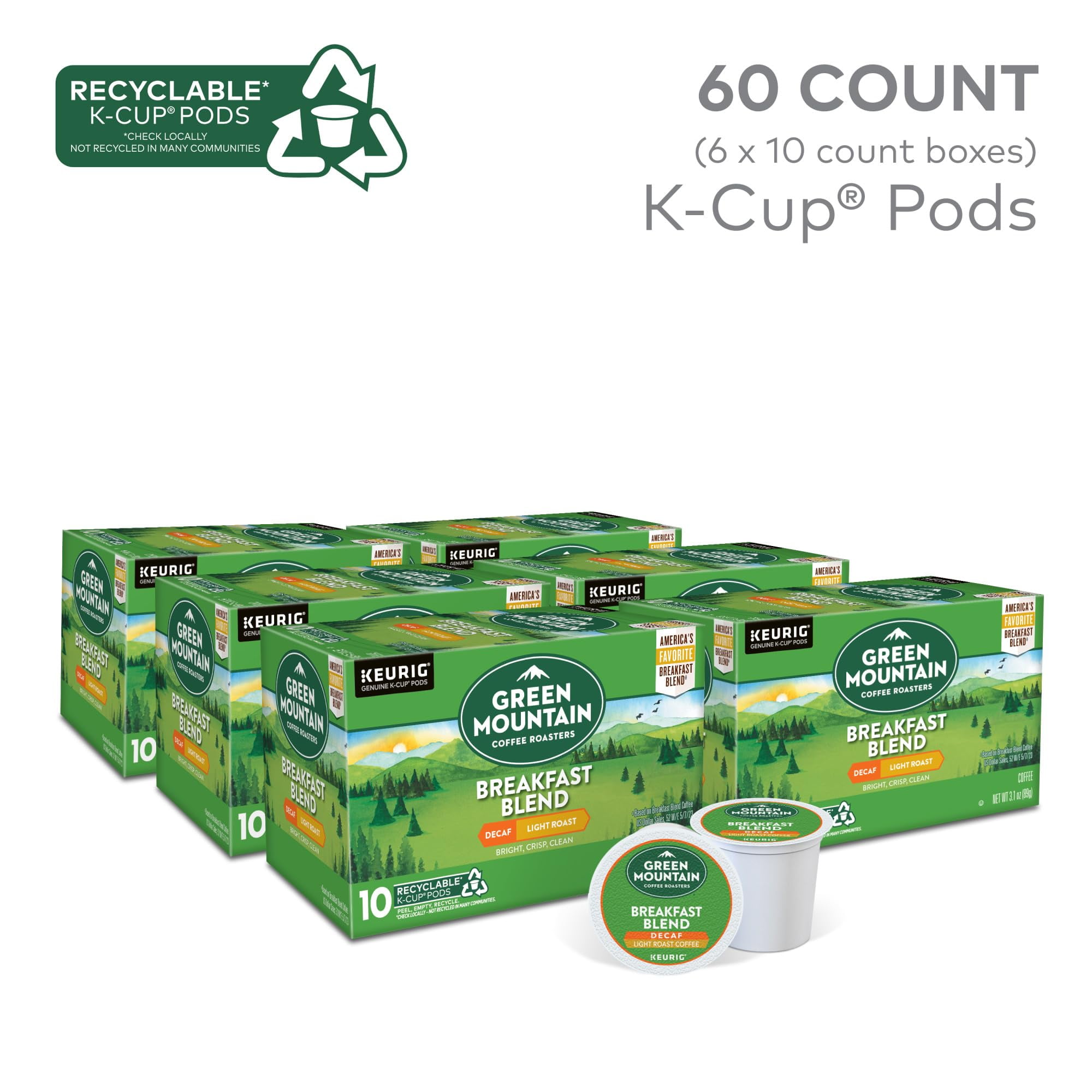 Green Mountain Coffee Roasters Breakfast Blend Decaf, Keurig Single Serve K-Cup Pods, Light Roast Coffee, 60 Count, (6 Packs of 10)