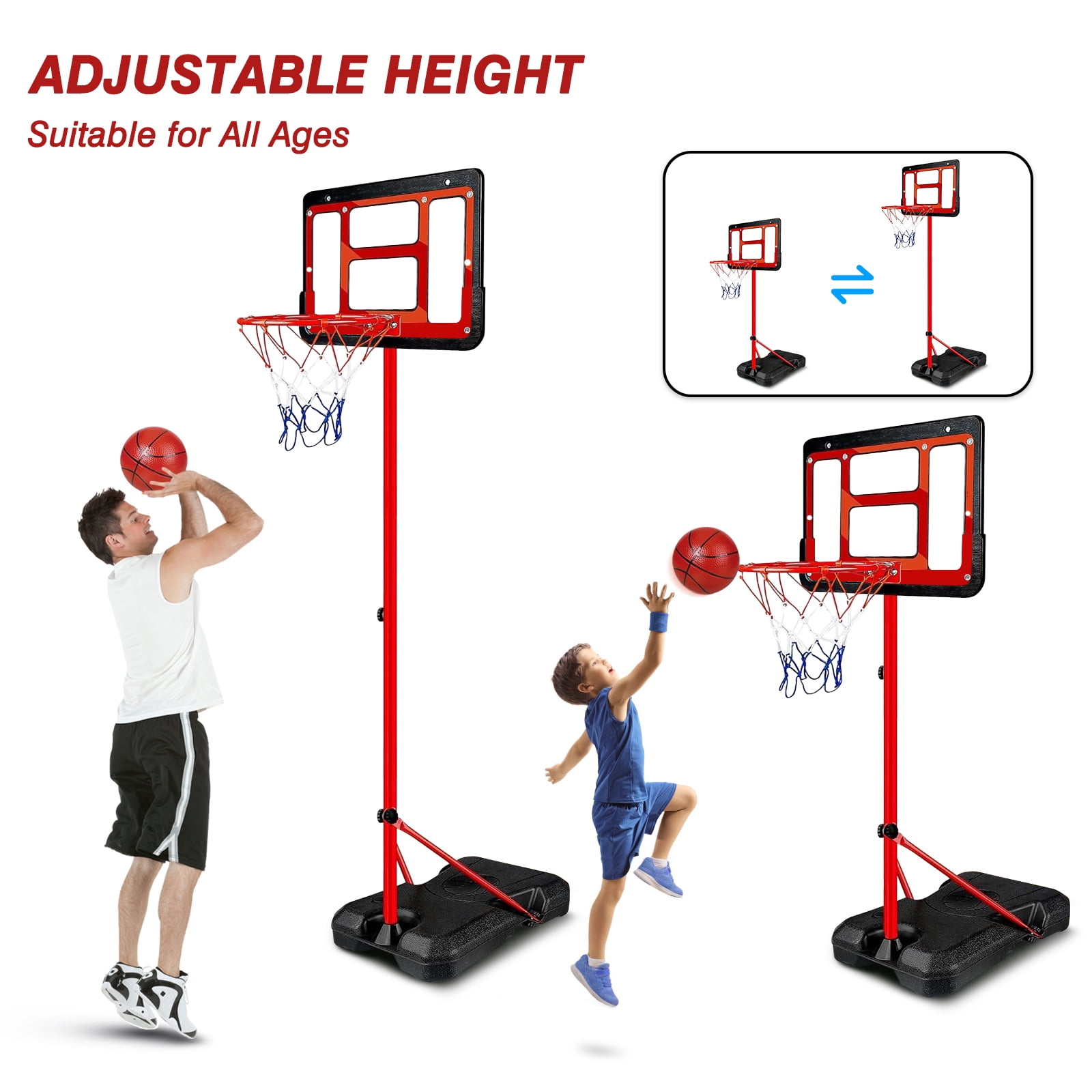 2 In 1 8.86FT Basketball Hoop Stand for Kids Youth and Adults, Indoor Outdoor Basketball Goal System with Fillable Base, 3 Balls, Adjustable Height Backyard Sport Game Gifts Toys