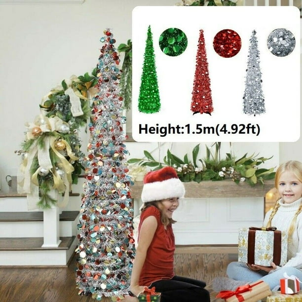5ft/150cm Popup Collapsible Sequin Tinsel Artificial Christmas Tree Folding w/ Stand Decor Shiny