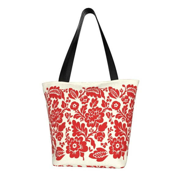 Pofeuu Flowers Red Beige Print Women Fashion Shoulder Handbags Top Handle Satchel Bags Tote Shoulder Shopping Bag Stylish Canvas Tote Bag