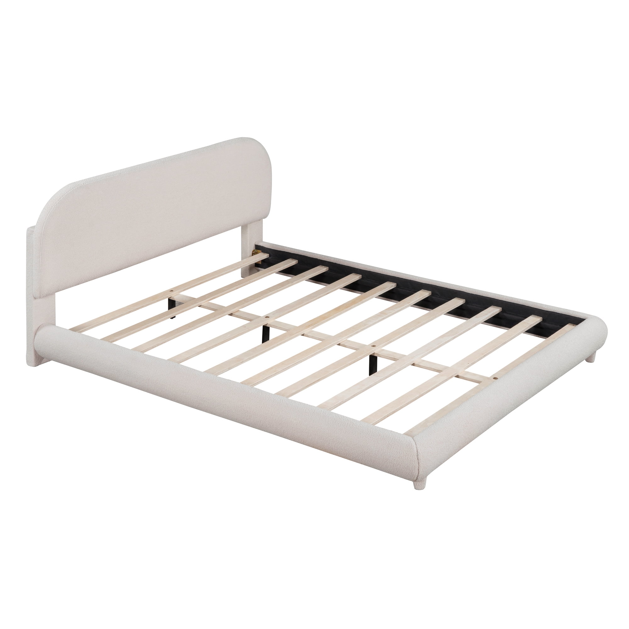 Harper & Bright Designs Teddy Fleece Queen Platform Bed with Thick Fabric, Queen Size Platform Bed Frame with Curve Upholstered Headboard, Beige
