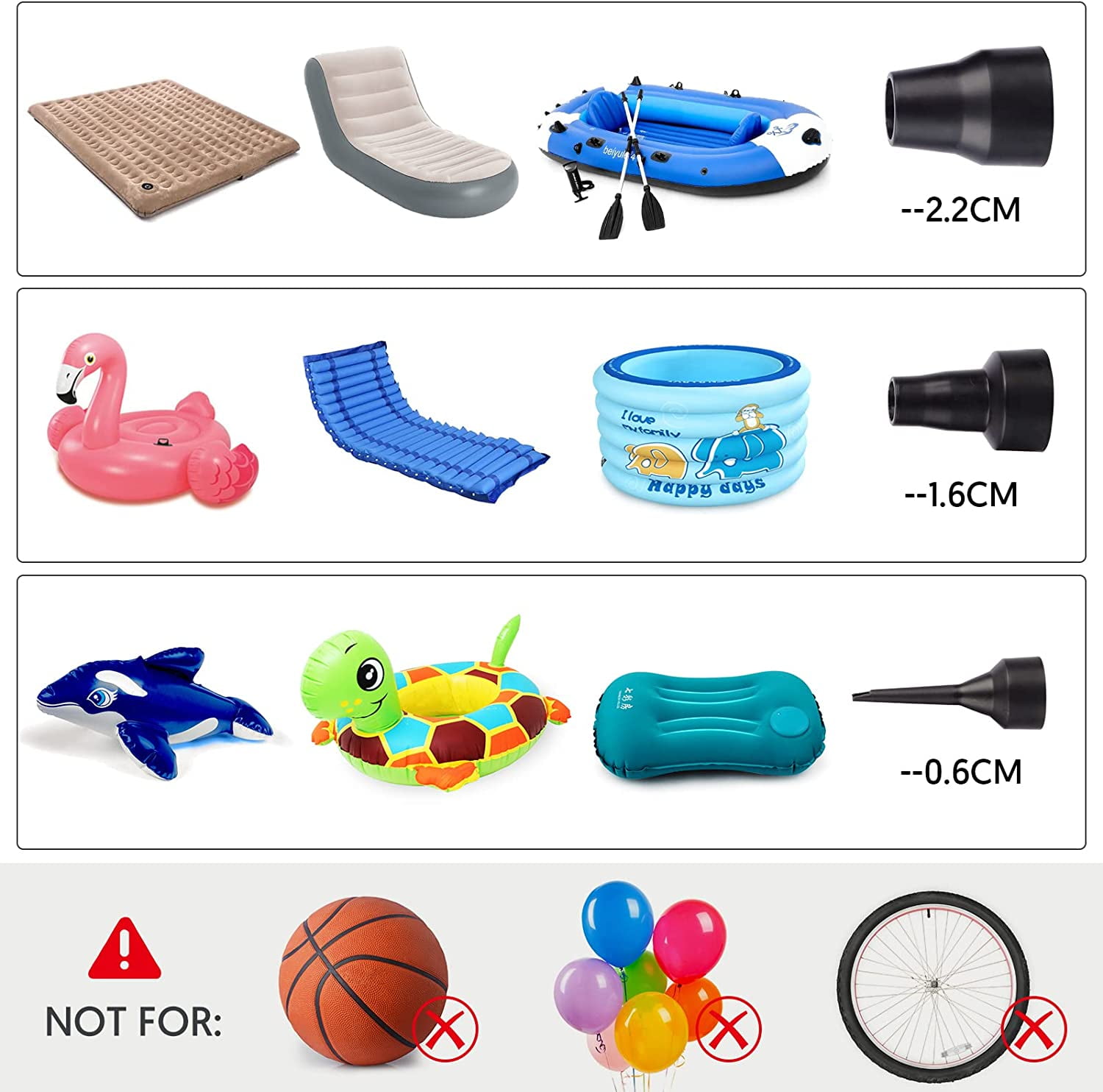 NIGHTEEN Electric Air Mattress Pump Battery Powered for Inflatables Toy Quick-Fill Inflator Deflator with 3 Nozzles