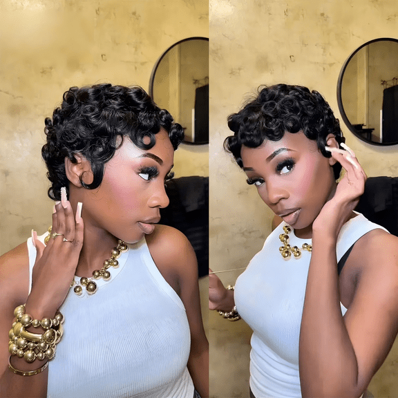 Pixie Cut Wigs for Women Brazilian Virgin Curly Wave Human Hair Glueless Short Layered Pixie Cut Curly Wigs With Bangs Natural Black Color for Daily Use