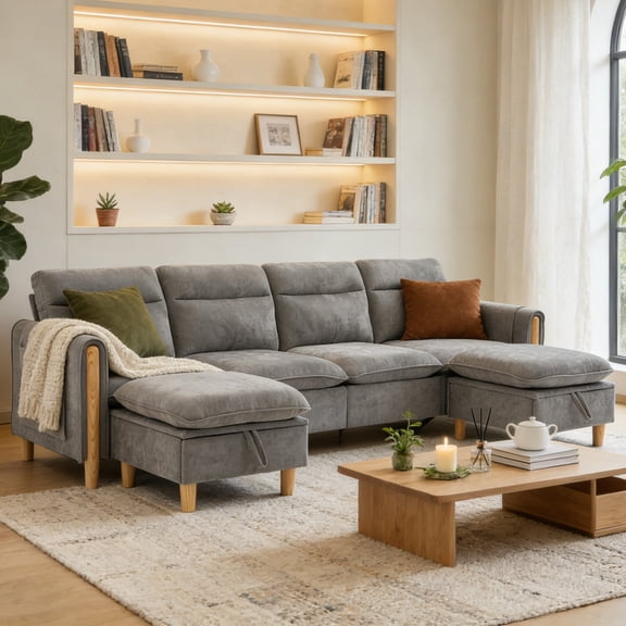 Villeston 4-Seat Sectional Sofa with 2 Ottomans,U Shaped Sofa Couch with Storage Ottomans and Side Pockets, Oversized Modern Chenille Sofa Couch for Living Room,Gray