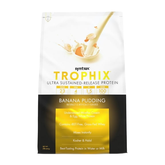 Syntrax Nutrition Trophix, Banana Pudding 2 lbs. Ultra Sustained-Release Protein Powder Blend, offers a Rich & Creamy Flavor