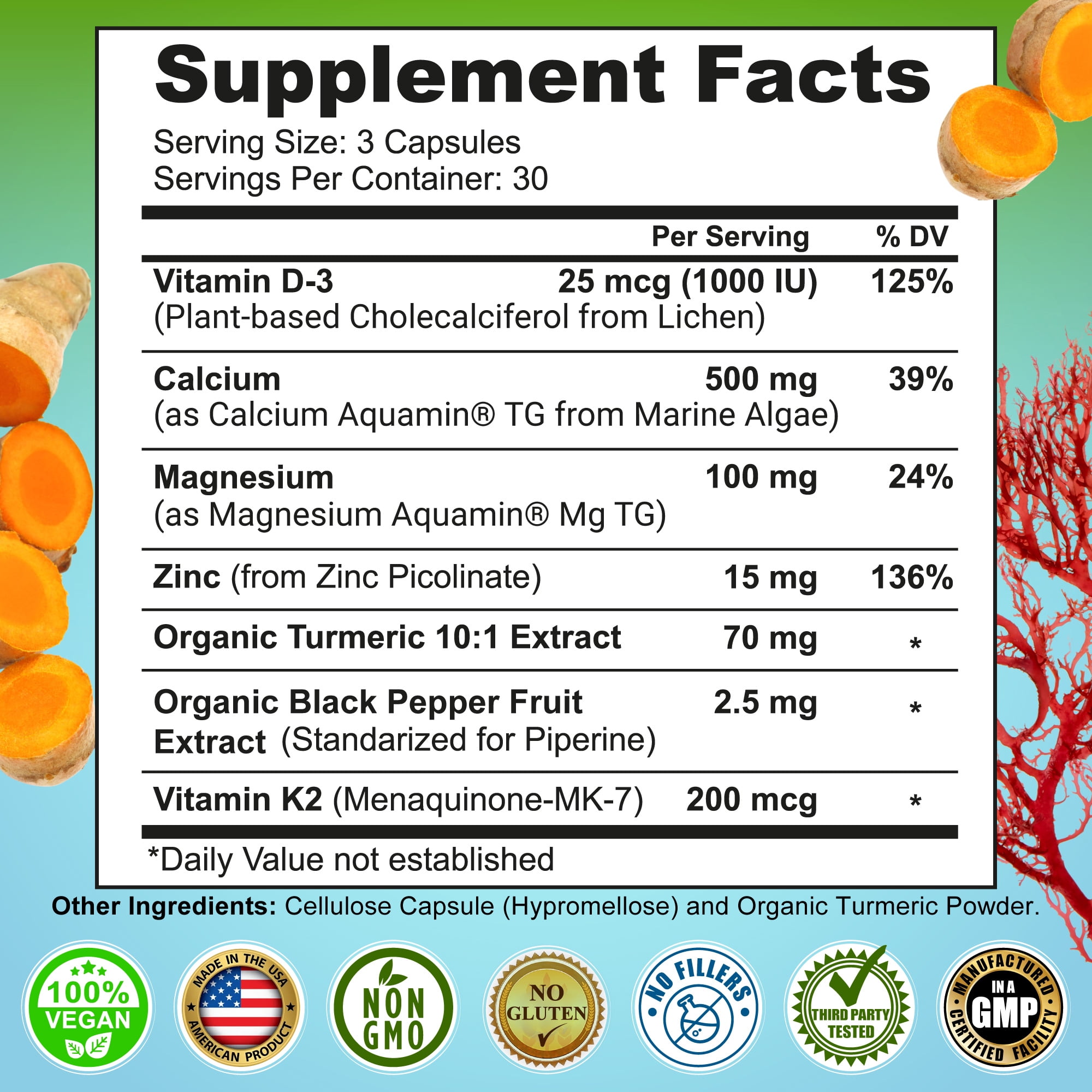 Plant-Based Calcium 500mg (Aquamin) - Vegan Calcium Magnesium Zinc D3 + Vitamin K2, Organic Turmeric & BioPerine - Supports Enhanced Bone Health & Strength for Women and Men - 90 Count