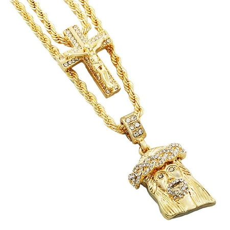 Jesus Piece Pendants Gold-Tone Men's Iced Out Hip Hop Bling 2 Piece Pendant Crucifix Cross and Cuban Jesus 4mm Rope Chain Set ()