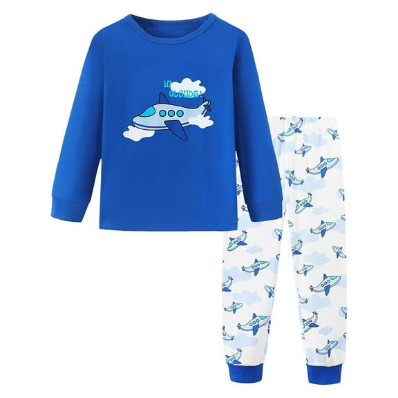 GobdXE Boys Airplane Print Pajama Set Long Sleeve 2 Piece Top and Pants Toddler Kids Sleepwear Pjs 4-5 Years,Blue