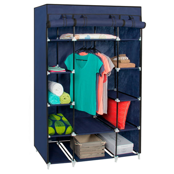 Best Choice Products 13 Shelf Portable Fabric Closet Wardrobe Storage Organizer W Cover And Hanging Rod Blue Walmart Com Walmart Com