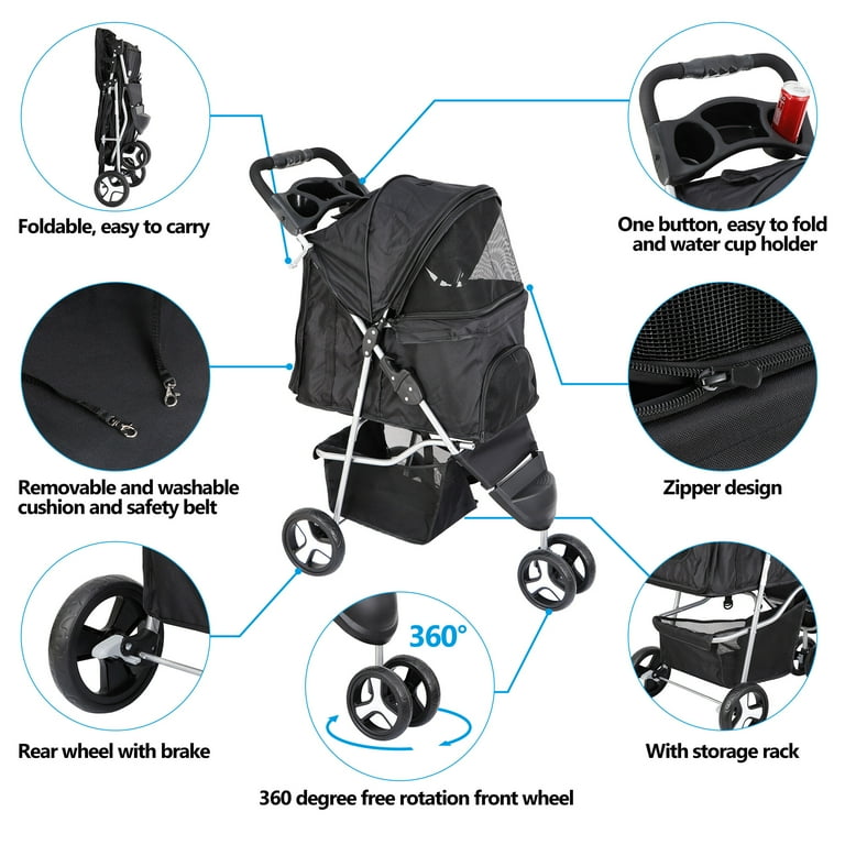 HomGarden 3 Wheel Foldable Pet Stroller for Small Dog Max. 33LBS W/Storage Basket