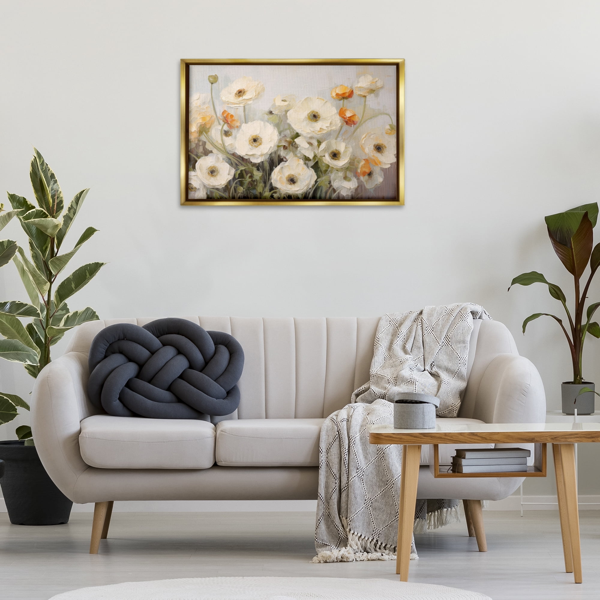 Stupell Industries White Ranunculus Blooms Plants & Flowers Painting Gold Floater Framed Canvas Art Print Wall Art, 31 x 21