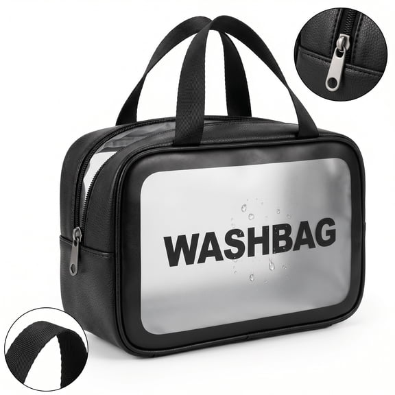 Waterproof PU Toiletry Bag for Men Women, Large See-Through Travel Wash Bag, Portable Cosmetic Dopp Kit with Smooth Zipper for Gym Shower Trip, 11.81" x 8.27" x 3.94", Black