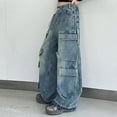thumbnail image 4 of GXWEA Baggy Jeans Kids Wide Leg Jeans For Girls 6-7 Kids Girls Jeans Distressed Elastic Waist Baggy Denim Wide Leg Pants Trousers 8-9 Years, 4 of 8