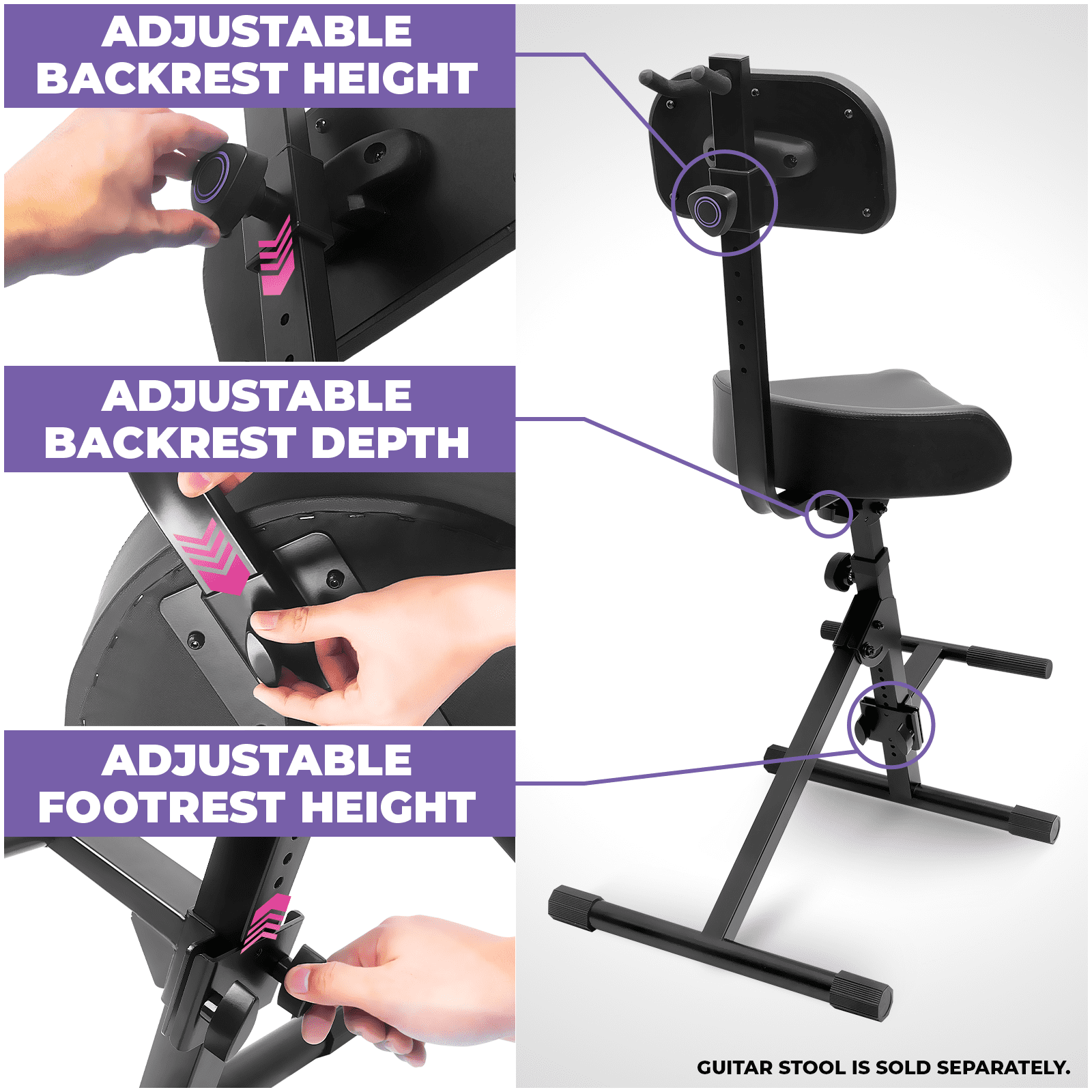 Liquid Stands Adjustable Backrest for LS MS1150 & MS1092B – 1010–1220mm Height/Depth, Spring Knob Adjustment, Built-In Guitar Holder – Compatible Piano Bench Support by Liquid Stands