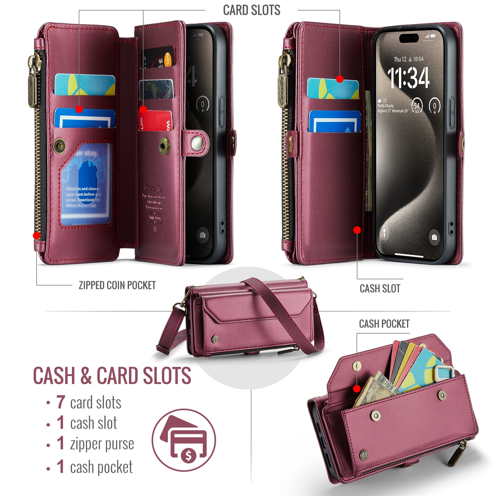 ShellTech Crossbody Wallet Women Men Case for iPhone 7/8/SE 2nd/3rd Gen,Magnetic Leather Flip Case RFID Blocking 7-Card Holder Zipper Wallet Cash Pocket Stand Cover with Shoulder Wrist Strap,Winered