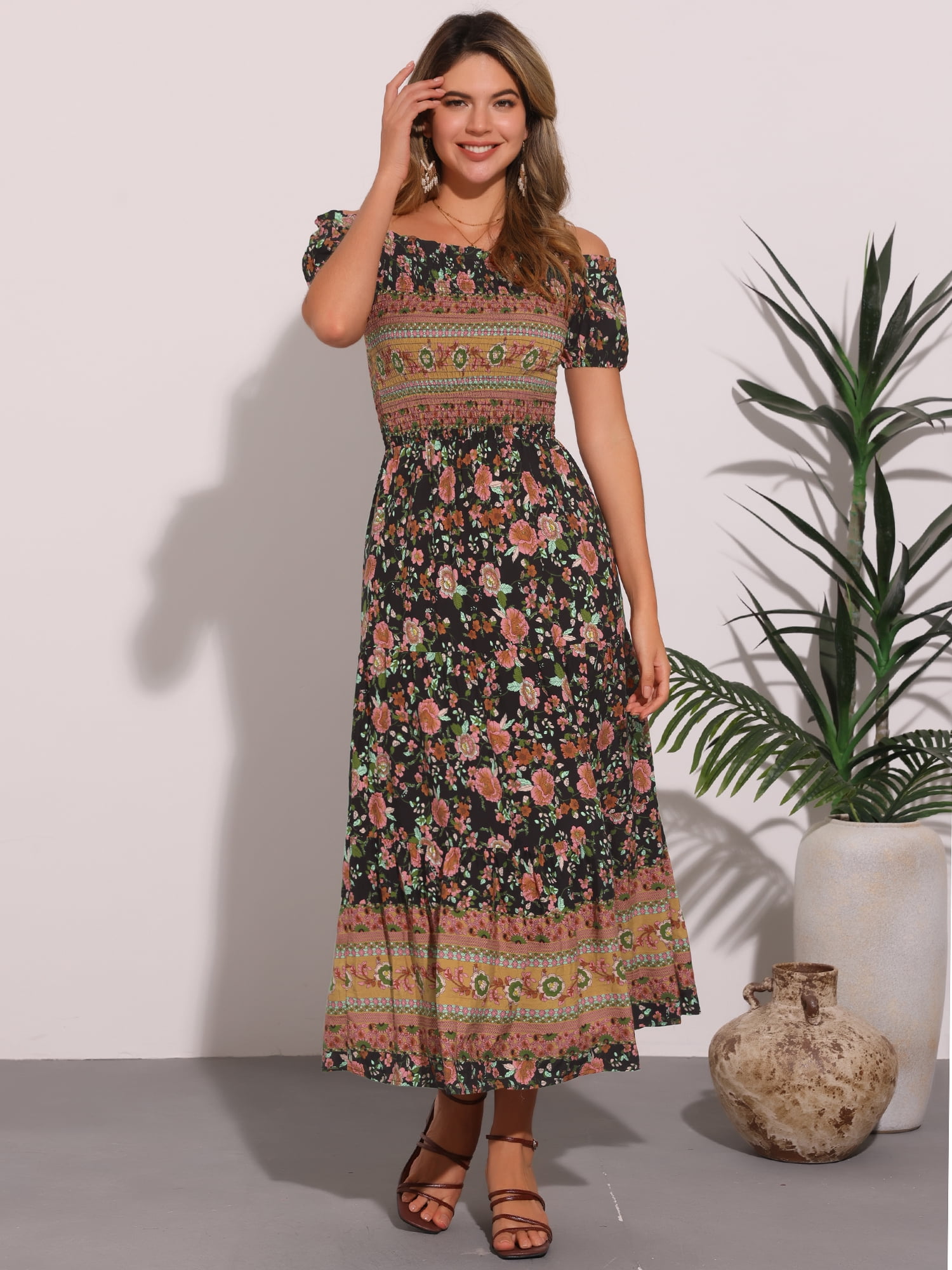 DARING DIVA Women's Boho Floral Square Neck Smocked Back Midi Dresses M Black