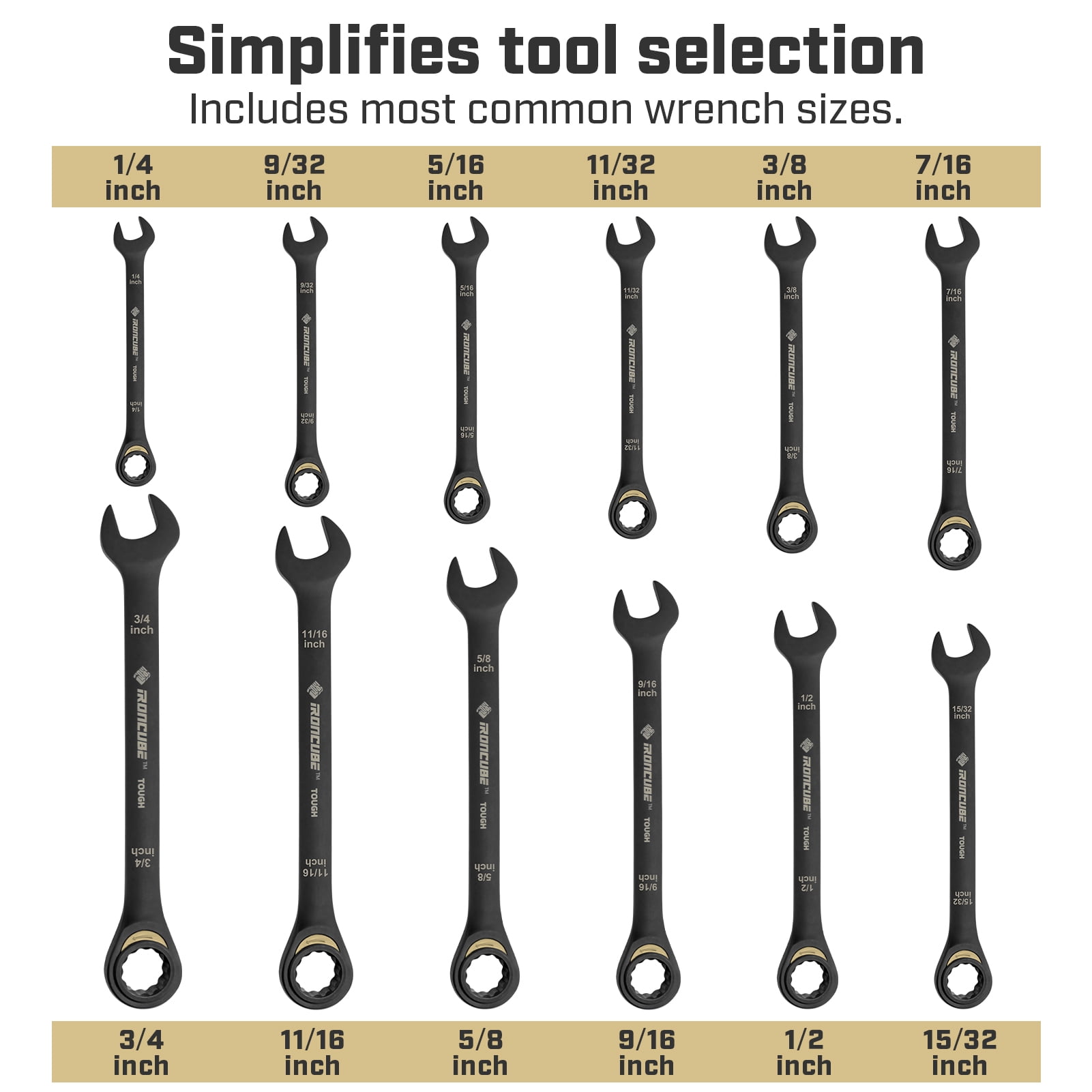 IRONCUBE 12-Piece Ratcheting Wrench Set: SAE 1/4" to 3/4" - 72-Tooth - Tough Black - Chrome Vanadium Steel - with Organizer