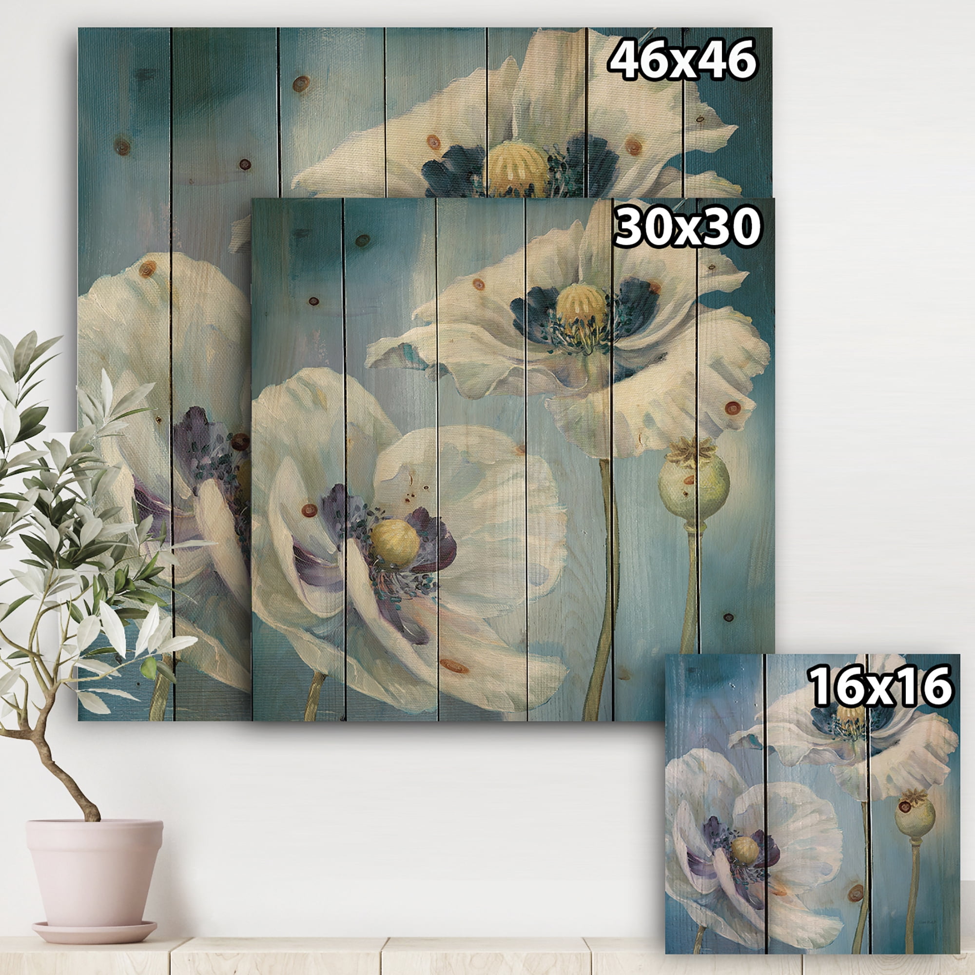Designart 'Close Up White Flower on Blue II' Farmhouse Print on Natural Pine Wood