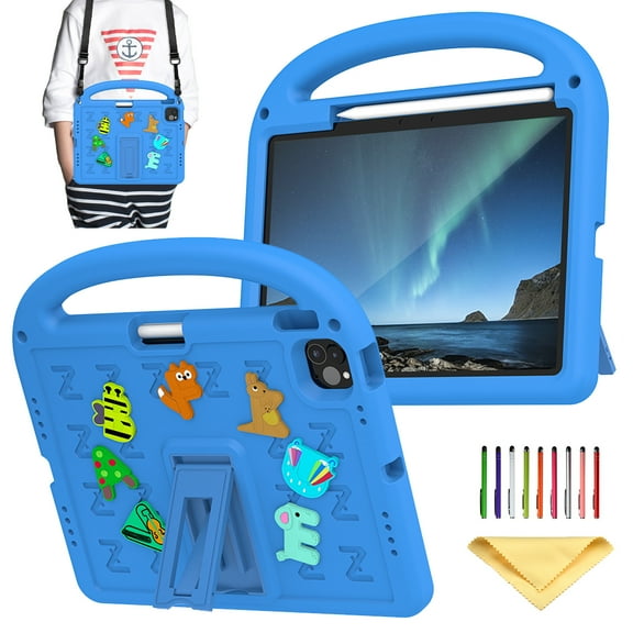 Allytechgroup Kids Case for iPad Air 11 inch M2 2024 iPad Air 6th Generation, Lightweight Stand Case with Pencil Holder/Hand Strap/Handle/Kickstand Cute DIY Cartoon Kawaii EVA Cover Girl Boy,Blue