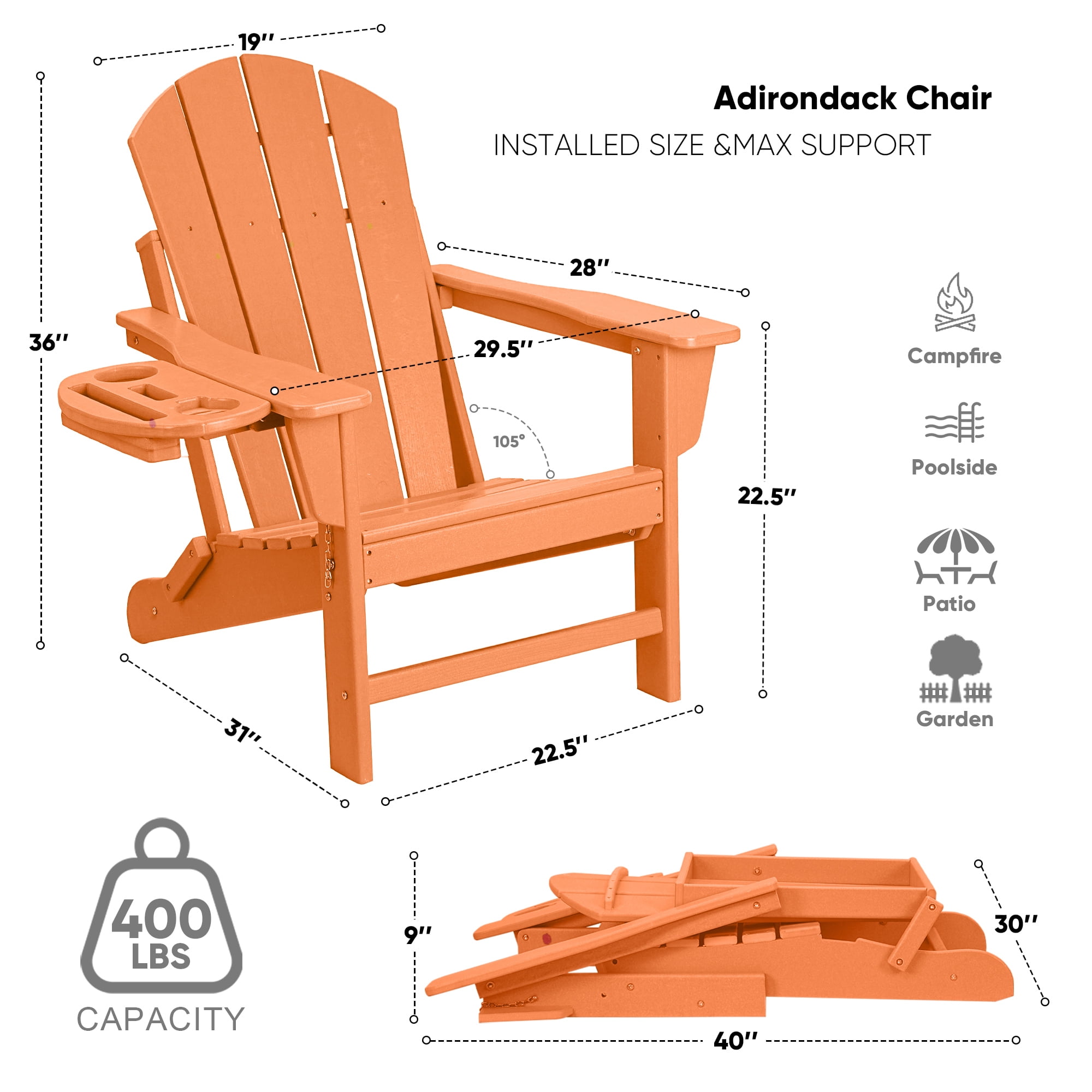 Folding HDPE Adirondack Chair with 4 in 1 Cup Holder Tray Plastic Adirondack Chairs Weather Resistant Lawn Outdoor Firepit Chairs, Orange