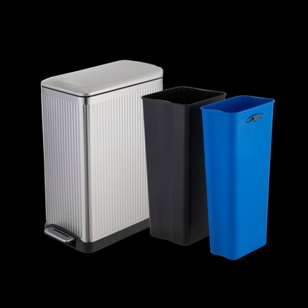 Home Zone Living 13 Gallon Dual Compartment Kitchen Trash Can with Step Pedal Soft-Close Lid and Reeded Stainless Steel Body Silver