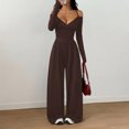 thumbnail image 2 of Morttic Women's Off Shoulder Halter Tie V-Neck Long Sleeve Jumpsuit – Ruched High Waist Wide Leg Casual One Piece Coffee，L, 2 of 5
