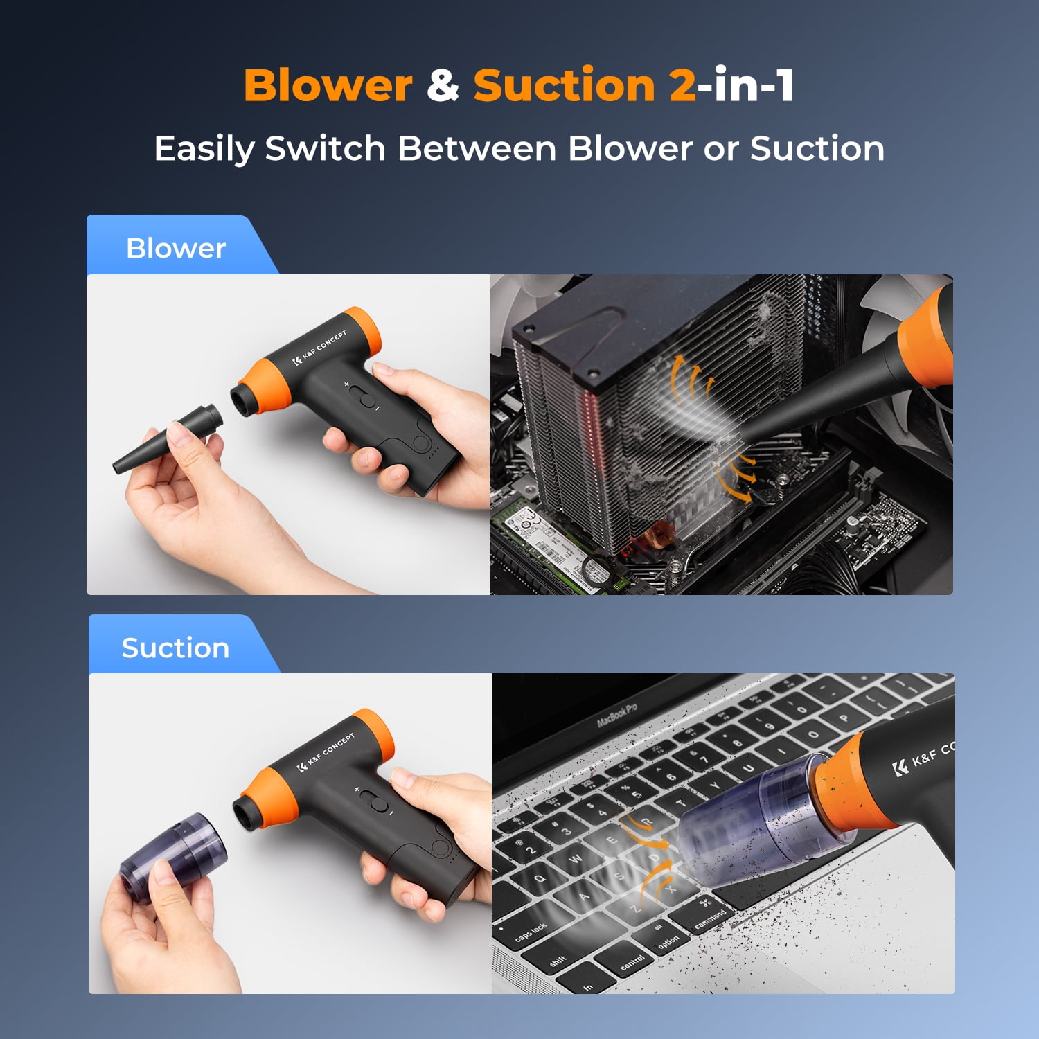 K&F Concept Blower & Suction 2 in 1 Compressed Air Duster, with LED Light,150000RPM Electric Air Duster, 3 Gear Adjustable&Portable, for Computer, Keyboard etc