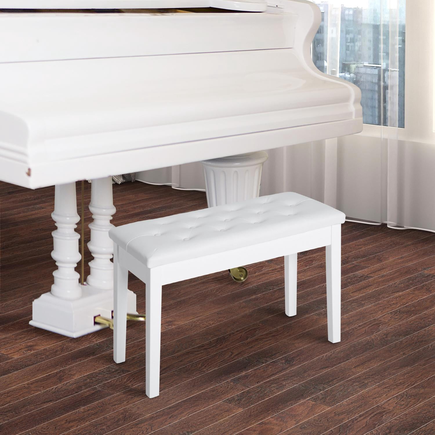 Demi Bonn 30" Piano Bench, Duet Piano Chair with Faux Leather Padded Cushion and Wooden Frame, Button Tufted Keyboard Bench, White