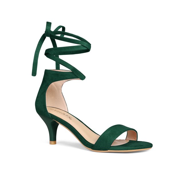 BLISSFUL STEP Women's Shoes Faux Suede Lace Up Open Toe Kitten Heel Cushioned Footbed Sandals Green 6