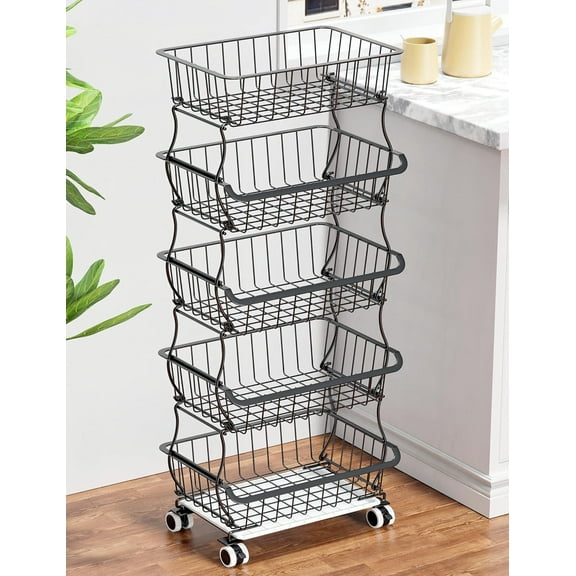 5 Tier Fruit Basket for Kitchen, Stackable Bins Wire Rack with Wheels, Fruit and Vegetable Storage Basket Pantry Food Snack Organizer Shelf, Kitchen Storage Cart for Onion and Potato, Produce