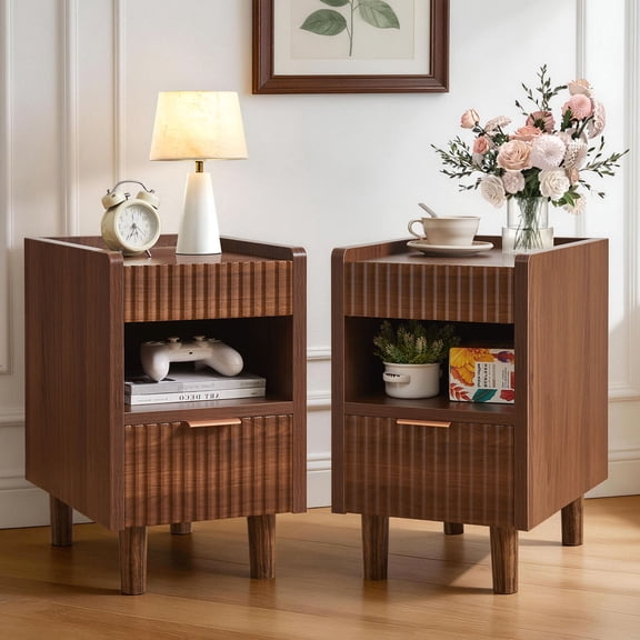 CQSXDA 2 Pack Fluted Wood Nightstands with Drawer and Open Storage, Modern Bedroom Bedside Side End Tables for Home Decor, Walnut