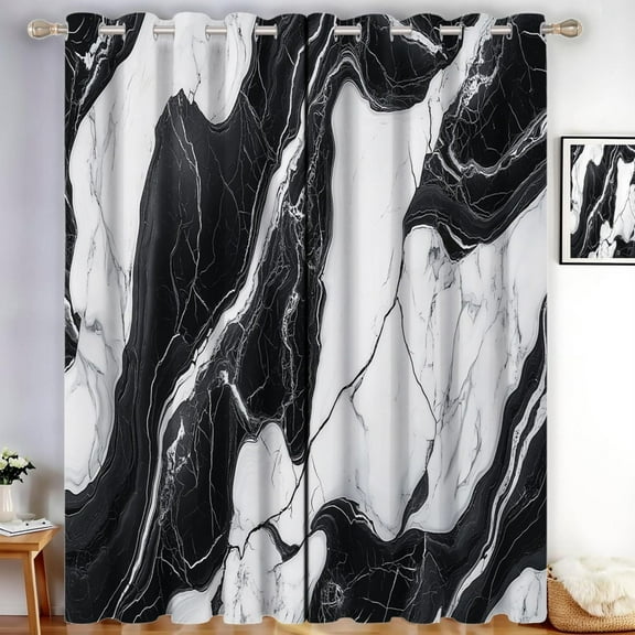 Abstract River Blackout Curtains Marble Texture Thermal Eyelet Curtains Ring Top Black And White Window Drapes For Living Room, Bedroom 38"W x 45"L (Pack of 2)