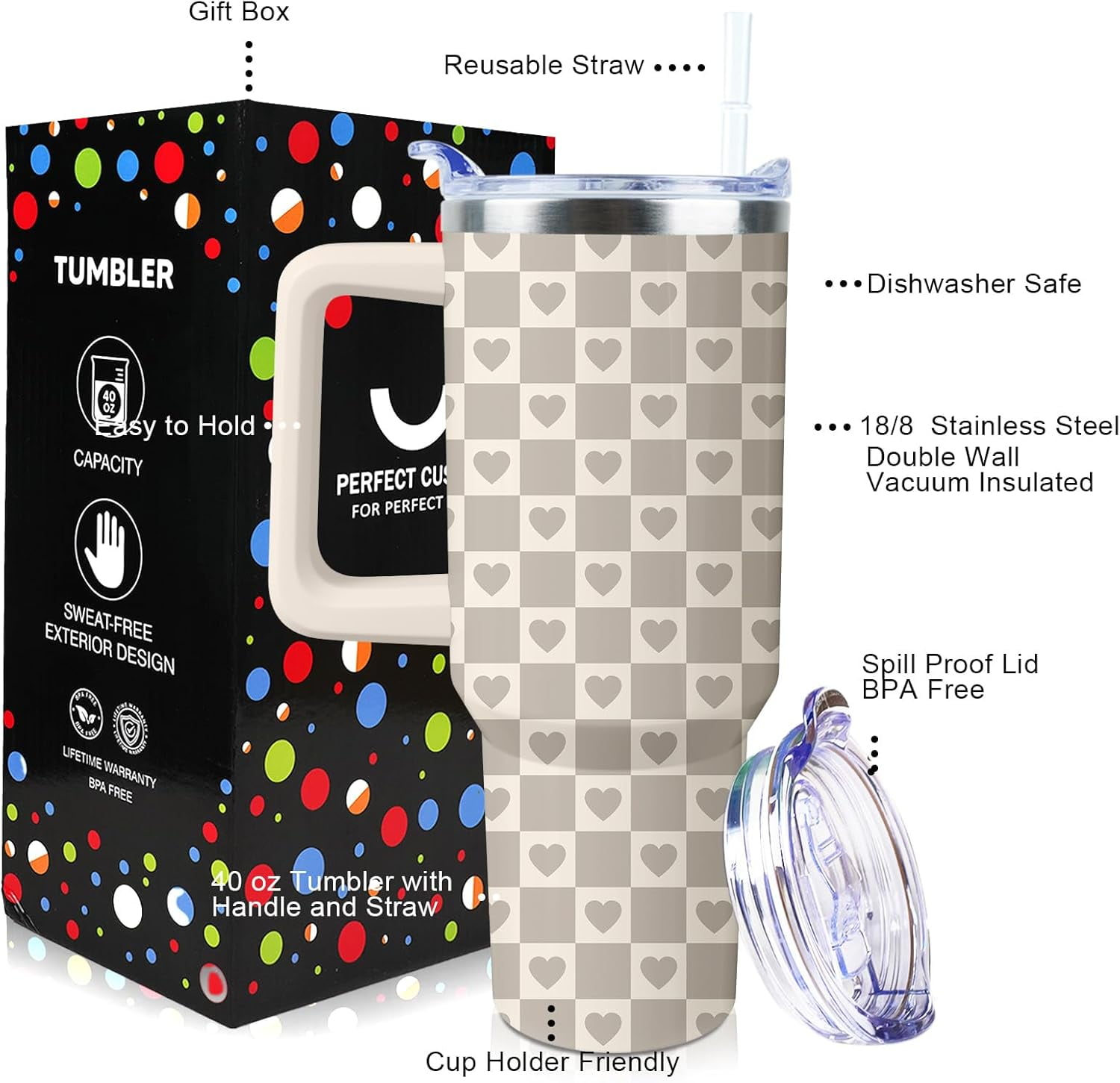 Checkered Heart Tumbler 40 oz Tumbler with Handle and Straw Lid Leak Proof - Checkered Heart Coffee Travel Mug with Handle Insulated for Hot Cold Ice - Christmas Birthday Gifts for Women Lovers Cup
