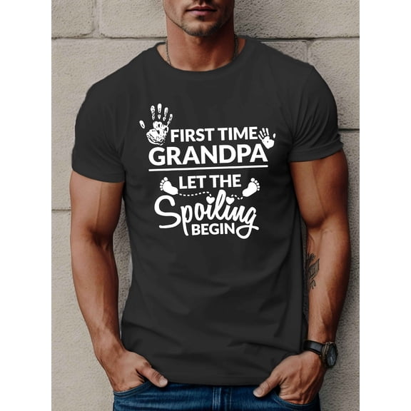 1 piece of men's T-shirt for first-time grandpas, casual round neck, polyester knit T-shirt, geometric print, regular fit, stretchy fabric, 150g/m²